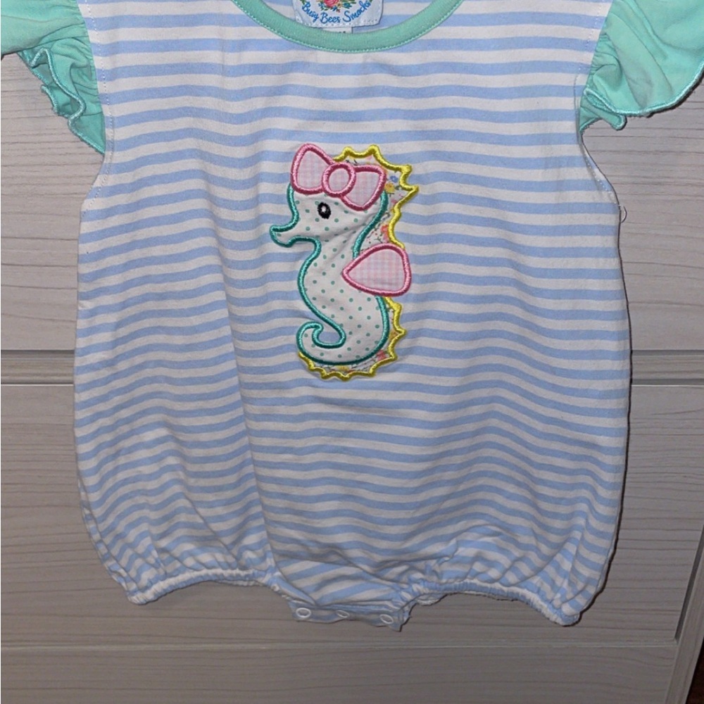 Rosie Pope Green and Blue Bodysuit with Seahorse Appliqué